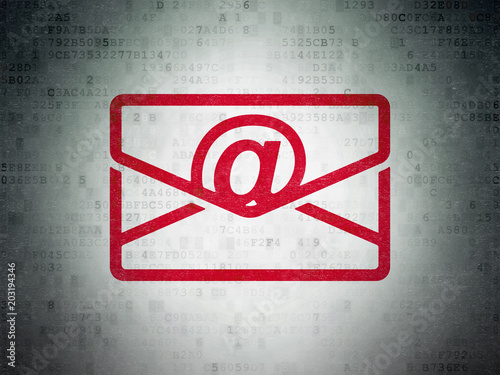 Finance concept: Painted red Email icon on Digital Data Paper background