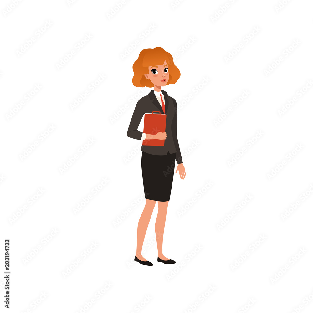 Business woman in formal suit with folder in hands. Young office worker. Flat vector illustration Business woman in formal suit with folder in hands. Young office worker. Flat vector illustration