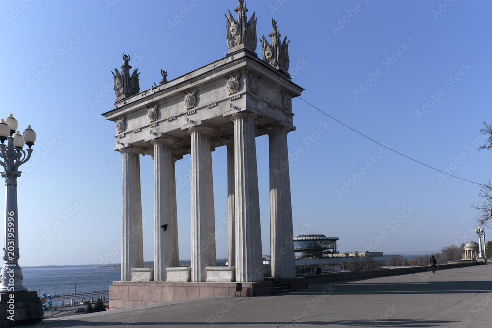Volgograd, Russia, architectural ensemble of the Central embankment, in the early spring morning.