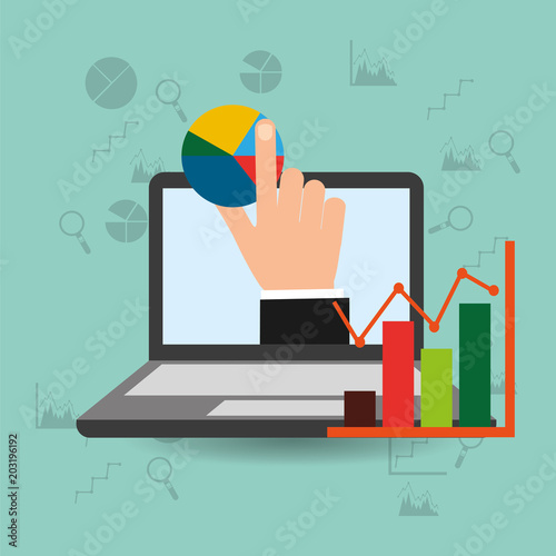 laptop with hand inside pie chart and statistic business vector illustration