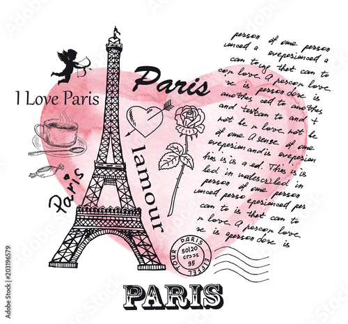 Eiffel Tower on the background of watercolor heart.