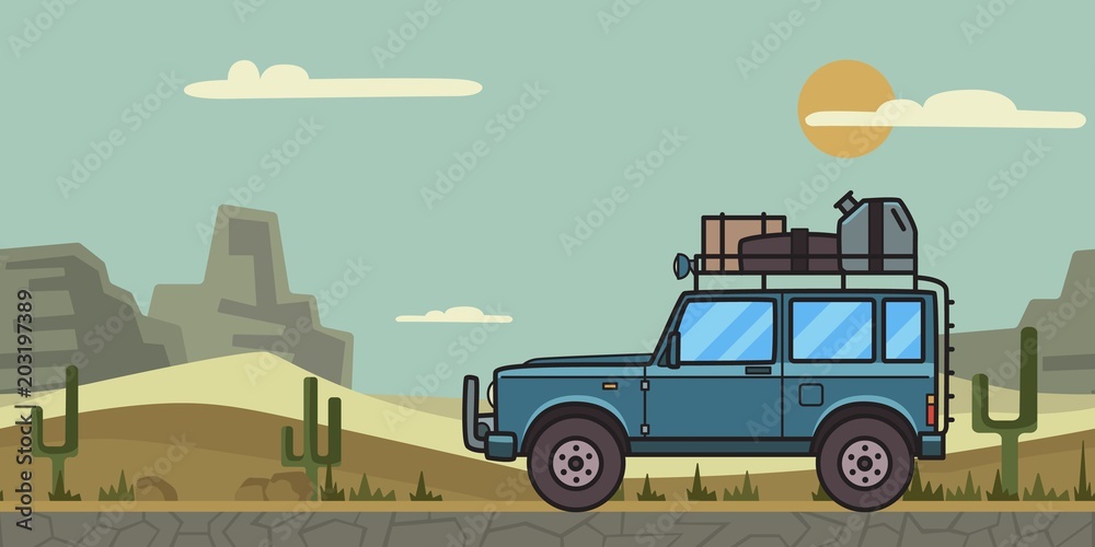 Fototapeta premium Blue SUV car with luggage on the roof in canyon desert. Off-road vehicle, table mountains, cactuses and desert. Vector illustration. Flat style. Horizontal.