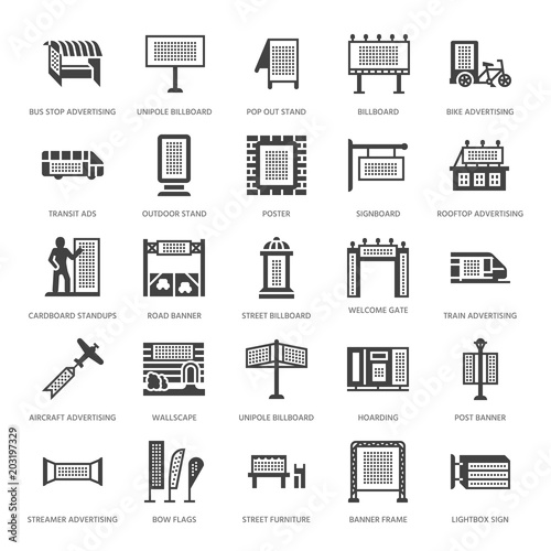 Outdoor advertising, commercial marketing flat glyph icons. Billboard, street signboard, transit ads, posters banner promotion design element. Trade objects sign. Solid silhouette pixel perfect 64x64.