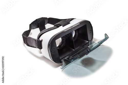 VR AR 360 virtual reality glasses cardboard for mobile phone isolated on white background. Device for watching movies for travel and entertainment in 3d space.