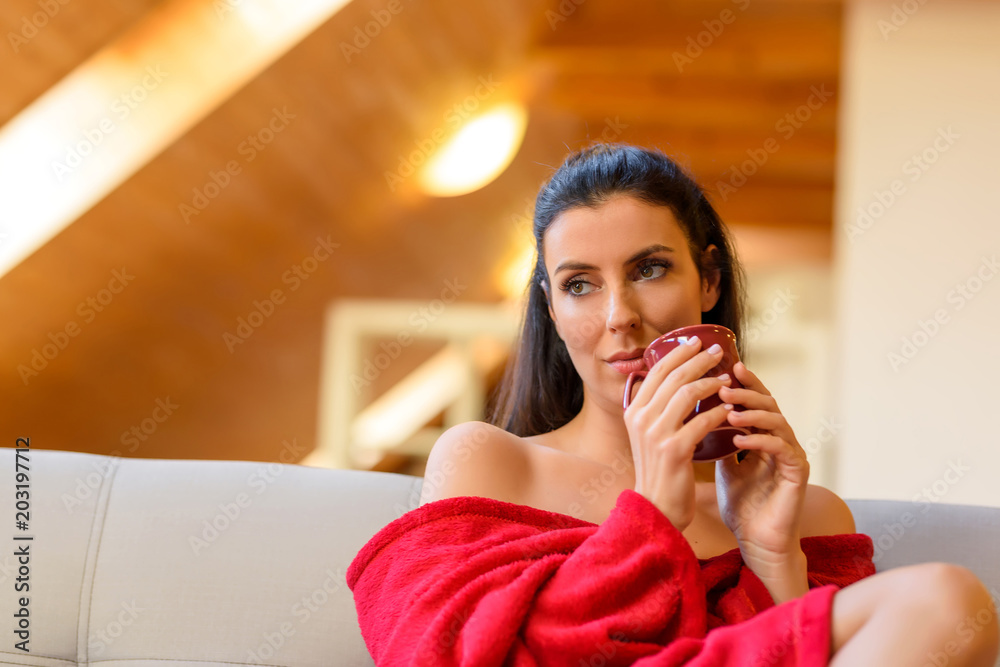 A beautiful woman on the sofa wrapped in a blanket and enjoying A beautiful woman on the sofa wrapped in a blanket and enjoying