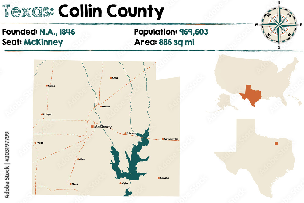 Detailed map of Collin county in Texas, USA.
