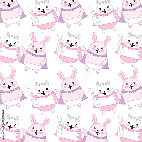 Tapety śliczny królik i kot z peleryna wzoru kawaii charakteru wektorowym ilustracyjnym projektem
