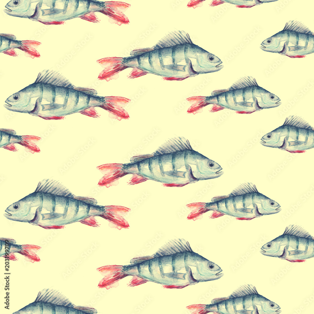 Seamless vintage watercolor pattern. Watercolor drawing fish perch.
Blue, purple water splash, paint. Underwater world, drawing of fish in vintage style.
