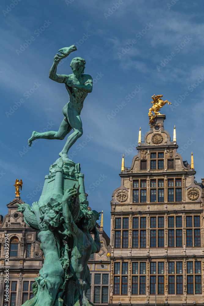 Antwerp, Belgium - Mai 1,2018: statue of brabo on the main square of Antwerp Antwerp, Belgium - Mai 1,2018: statue of brabo on the main square of Antwerp