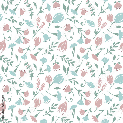Delicate seamless floral pattern background with cute flowers and grasses in pastel colors © Kate Garyuk