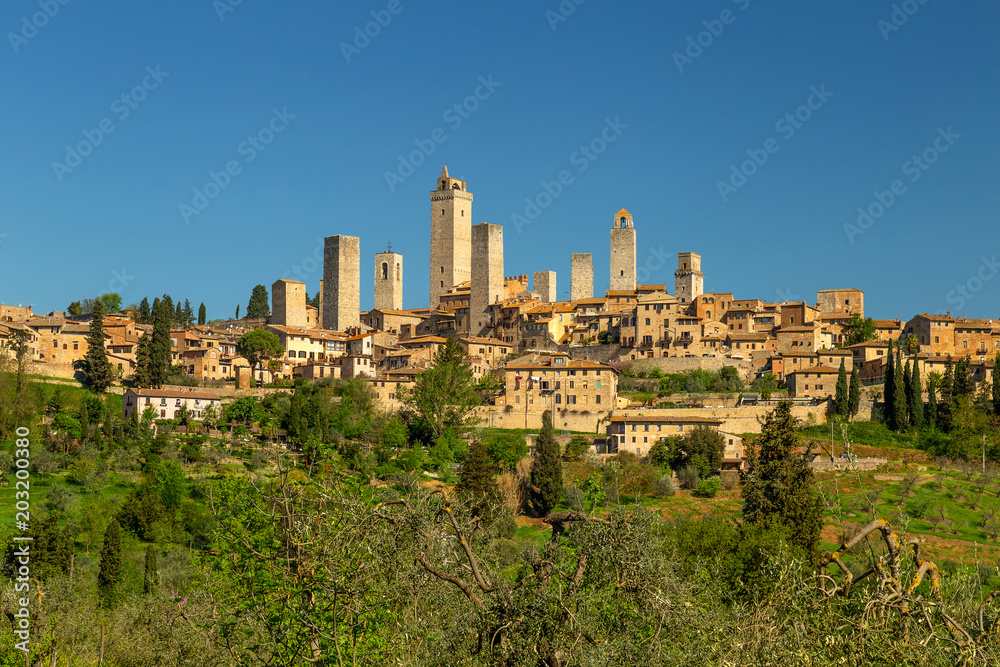 City postcard view and towers of San Gimignano, small medieval town in Tuscany, Italy