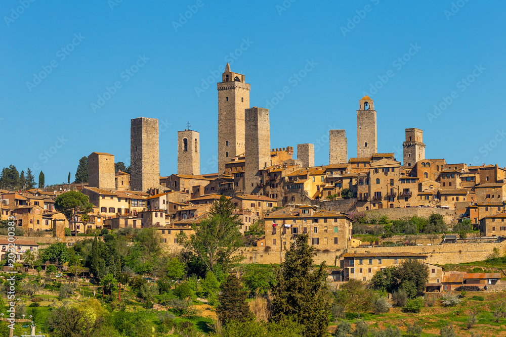 City postcard view and towers of San Gimignano, small medieval town in Tuscany, Italy