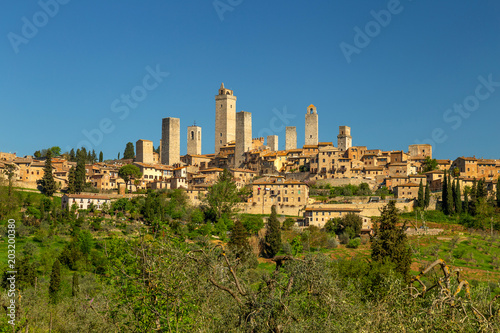 City postcard view and towers of San Gimignano, small medieval town in Tuscany, Italy