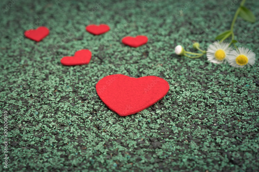 red heart and cute flower on the green walking path backgrounds with copy space