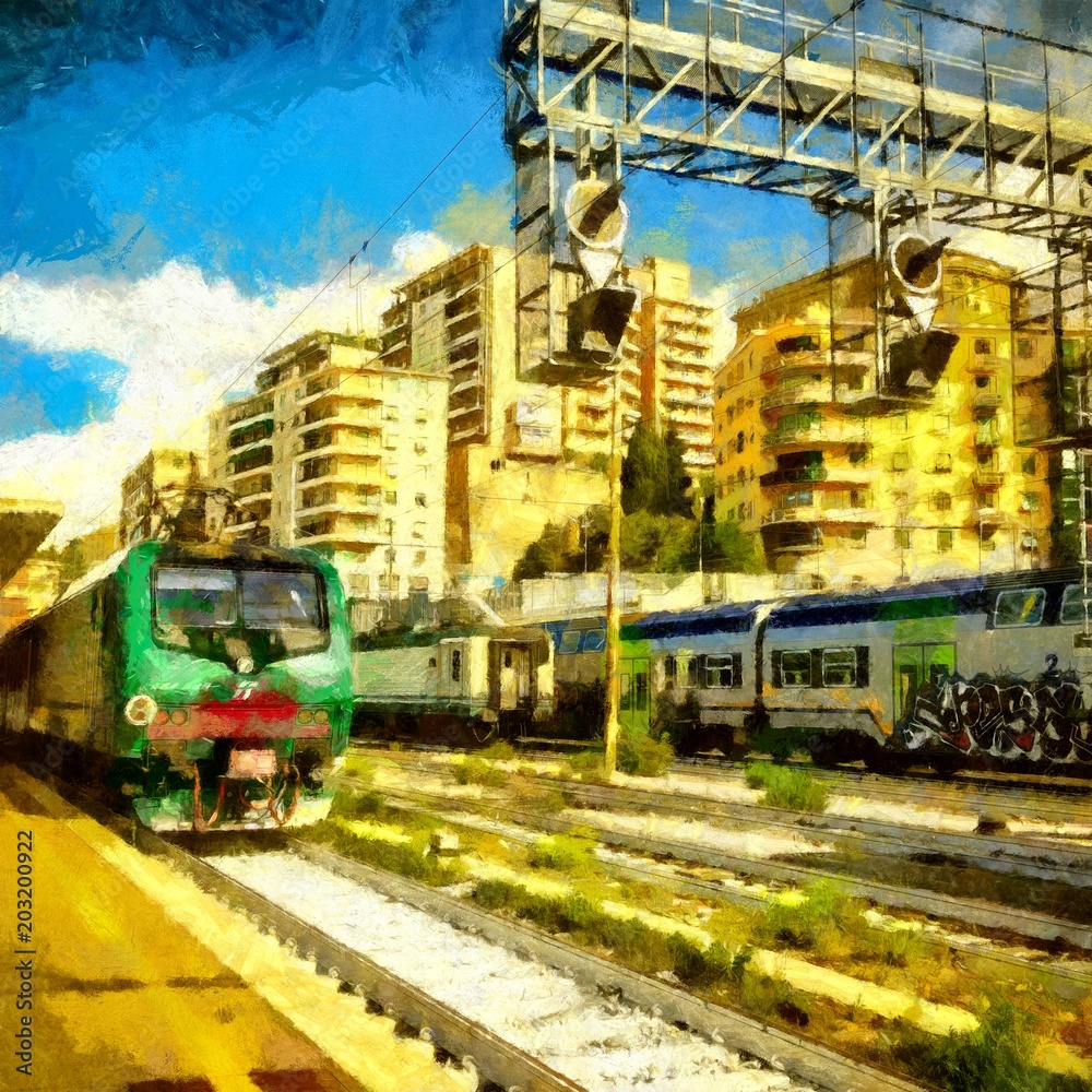 Train arrives at station.Large size watercolor painting contemporary  pictorial art. Modern drawing fine artwork. Creative artistic print for  canvas or textile. Wallpaper, poster or postcard design. Stock Illustration  | Adobe Stock
