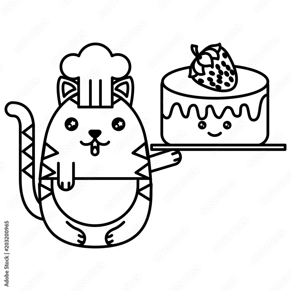 cute cat chef with delicious cake and fruit strawberry kawaii character