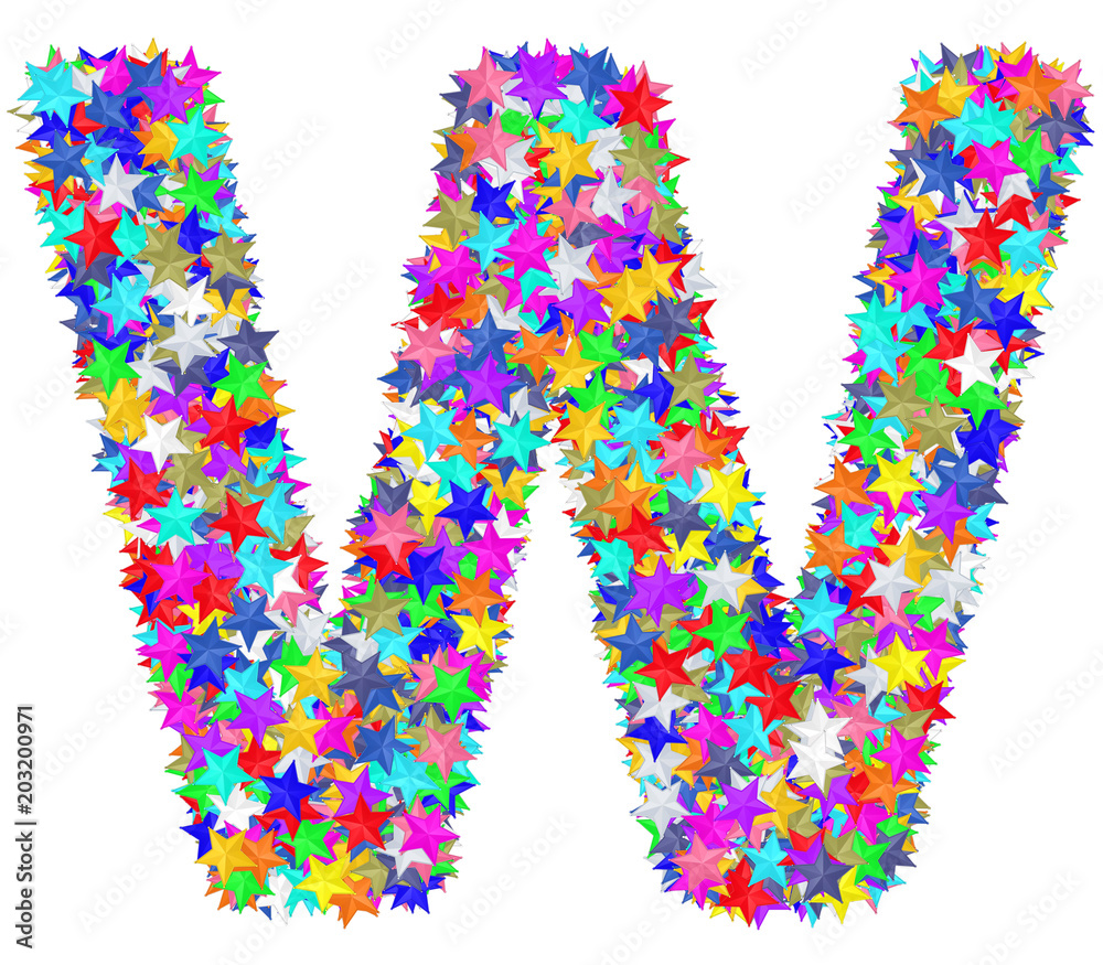 Alphabet symbol letter W composed of colorful stars isolated on white