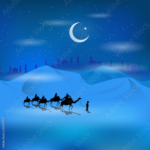 The silhouoette of arabian man riding on camel in dessert