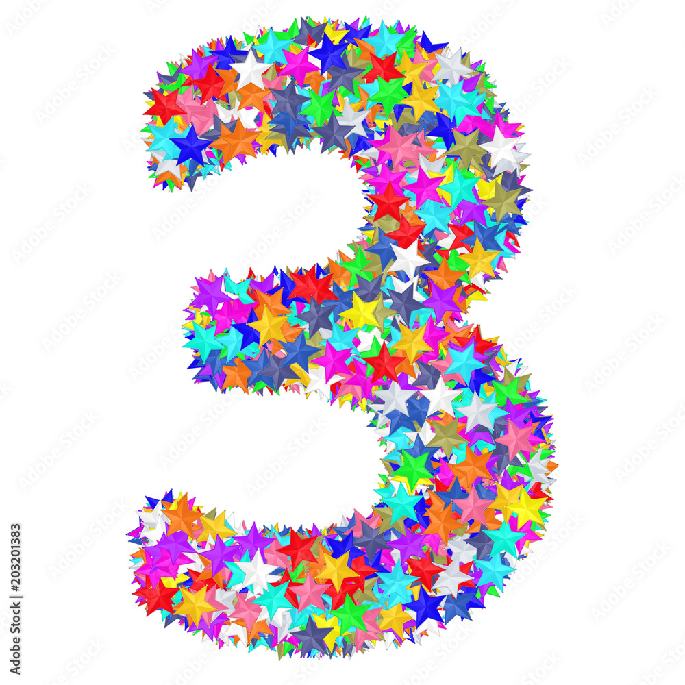 Alphabet symbol number 3 composed of colorful stars Alphabet symbol number 3 composed of colorful stars