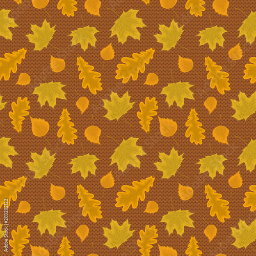 Autumn background. Seamless pattern with autumn leaves on a knitted background. There are leaves of maple, oak and birch in the picture. Vector illustration