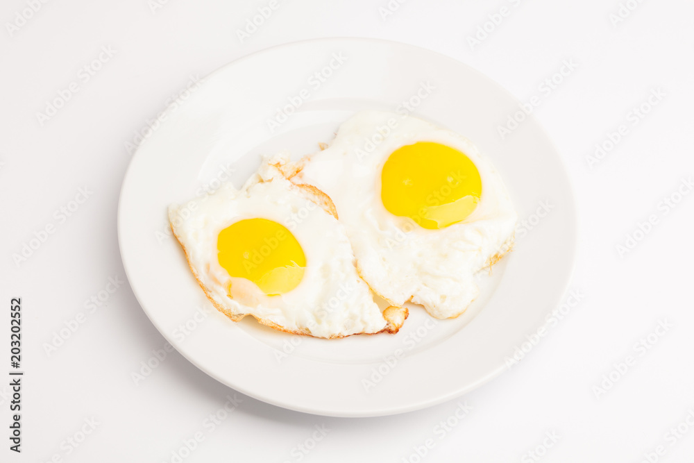 A beautiful photo of a closeup menu of fresh delicious eggs on a plate on a white background A beautiful photo of a closeup menu of fresh delicious eggs on a plate on a white background