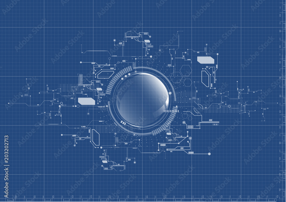 Technological abstract digital technical system blueprint background vector