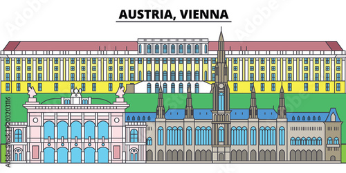 Austria, Vienna. City skyline, architecture, buildings, streets, silhouette, landscape, panorama, landmarks, icons. Editable strokes. Flat design line vector illustration concept