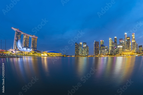 Panorama view of Singapore city skyline at night in Singapore