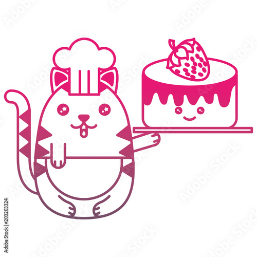 kawaii chef cat with sweet cake cartoon vector illustration gradient color