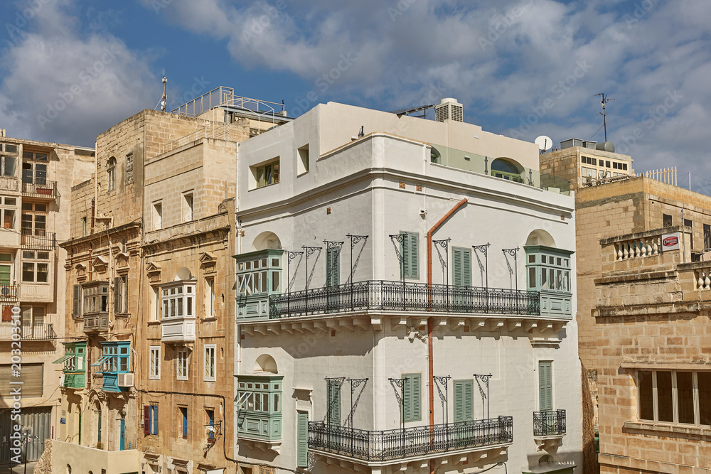 Traditional colorful and modern architecture and houses in Valletta in Malta