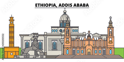 Ethiopia, Addis Ababa. City skyline, architecture, buildings, streets, silhouette, landscape, panorama, landmarks, icons. Editable strokes. Flat design line vector illustration concept