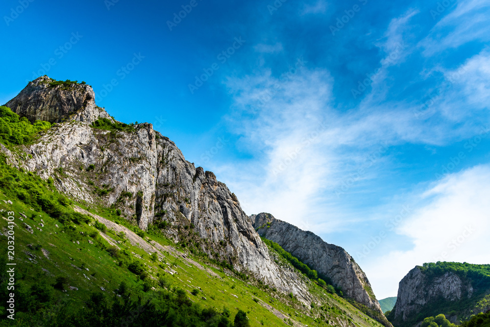 Valisoara gorge in Romania. Mountain cliffs on a sunny spring day