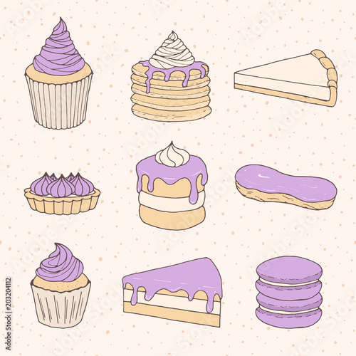Vector pastry collection of cakes, pies, tarts, muffins, macarons and eclairs with purple blueberry topping and cream. Hand drawn sweet bakery products in sketchy style.