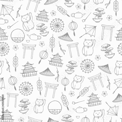 Hand drawn vector asian seamless pattern with umbrellas, japanese lucky cats, coins, lanterns, bonsai and torii gates contours in sketchy style on the white background.