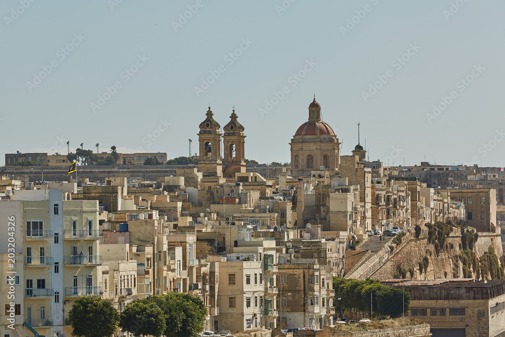 View of a coastal area and downtown of Valletta in Malta