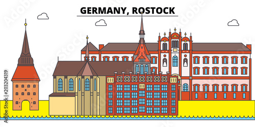 Germany, Rostock. City skyline, architecture, buildings, streets, silhouette, landscape, panorama, landmarks, icons. Editable strokes. Flat design line vector illustration concept