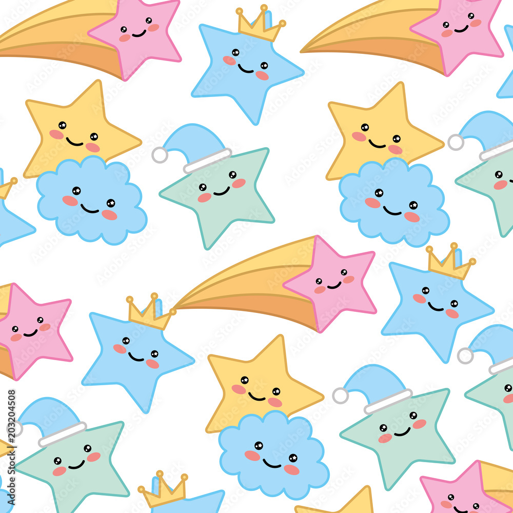 kawaii cute clouds star crown decoration background vector illustration