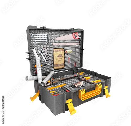 A set of tools in the case 3d render on white background no shadow photo