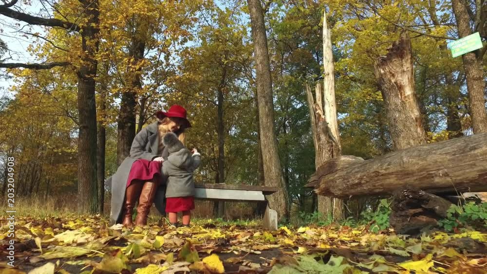 mother and daughter are sitting in the autumn park