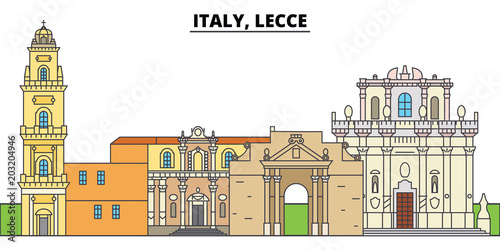 Italy, Lecce. City skyline, architecture, buildings, streets, silhouette, landscape, panorama, landmarks, icons. Editable strokes. Flat design line vector illustration concept