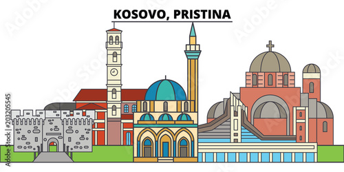 Kosovo, Pristina. City skyline, architecture, buildings, streets, silhouette, landscape, panorama, landmarks, icons. Editable strokes. Flat design line vector illustration concept