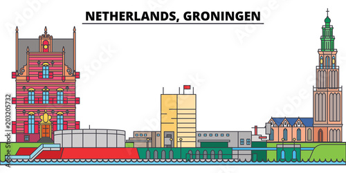 Netherlands, Groningen. City skyline, architecture, buildings, streets, silhouette, landscape, panorama, landmarks, icons. Editable strokes. Flat design line vector illustration concept