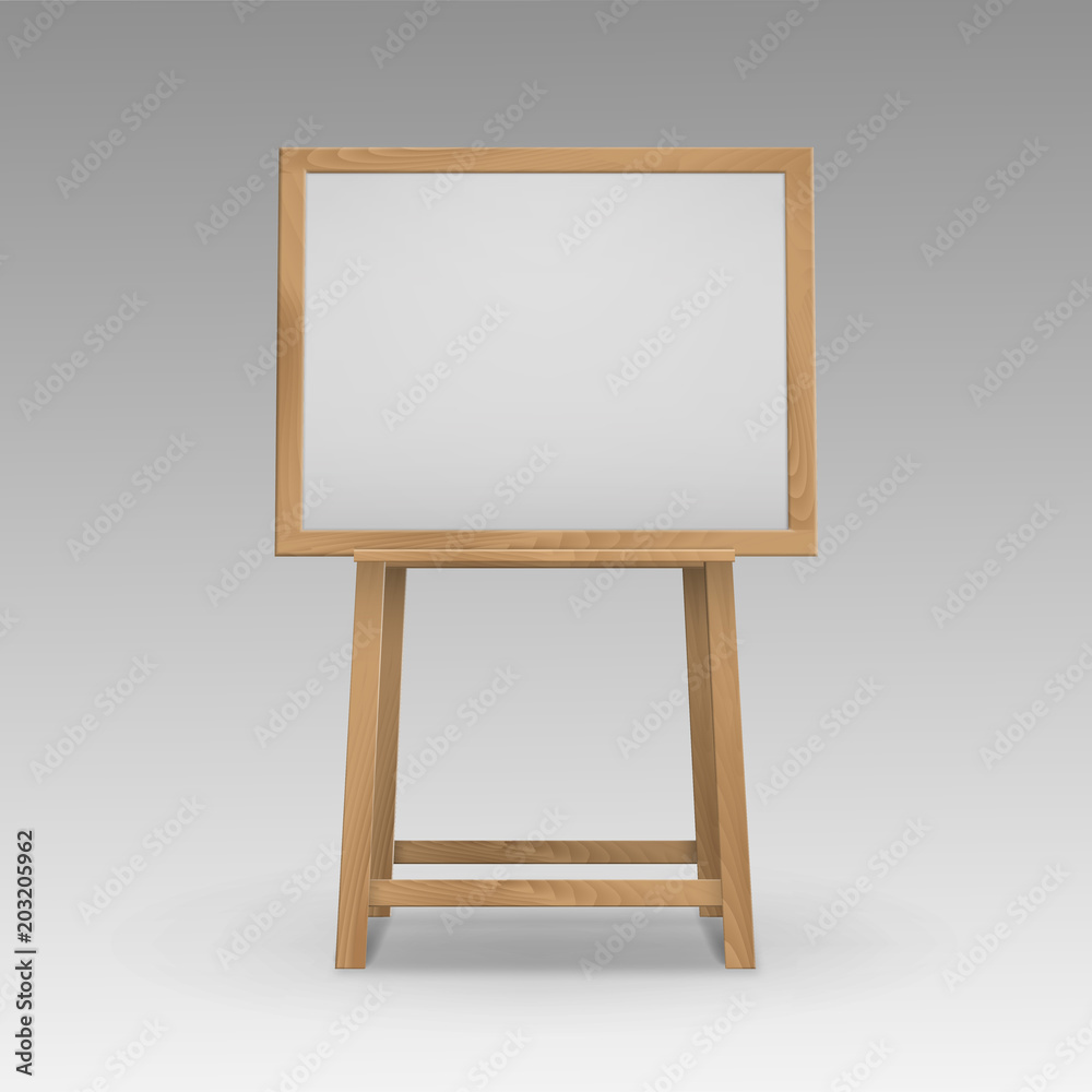 Vector Wooden Brown Sienna Art Board Easel with Mock Up Empty Blank Horizontal Canvas in Frame Isolated on Background Vector Wooden Brown Sienna Art Board Easel with Mock Up Empty Blank Horizontal Canvas in Frame Isolated on Background