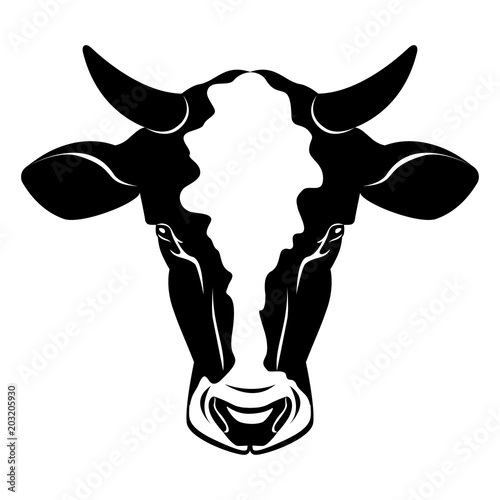 Cow head stylized symbol, cow portrait. Silhouette of farm animal, cattle. Emblem, logo or label for design. Vector illustration.