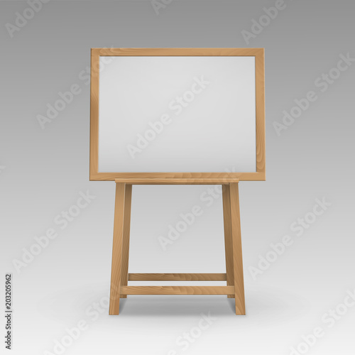 Vector Wooden Brown Sienna Art Board Easel with Mock Up Empty Blank Horizontal Canvas in Frame Isolated on Background