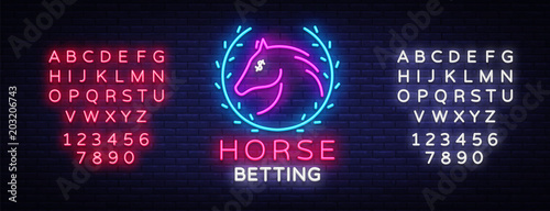 Horse Betting Neon Sign Vector. Horse Betting Logo in Neon Style, Design Template. Horse racing symbol, icon, emblem. Light banner, bright night advertising. Vector. Editing text neon sign