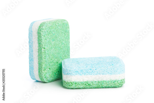 Dishwasher tablets on a white background