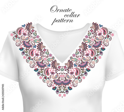 Fototapeta Naklejka Na Ścianę i Meble -  Vector design for collar shirts, shirts, blouses. Colorful ethnic flowers neck. Paisley decorative border. Ornate collar pattern. Pastel blue pink beige