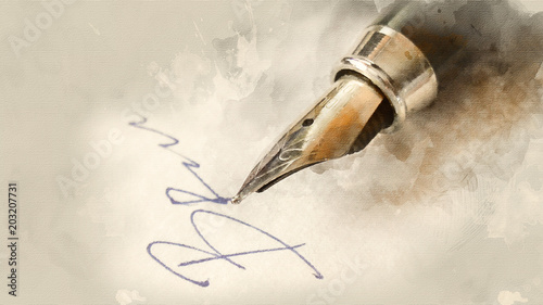 Fountain pen close-up. Watercolor background