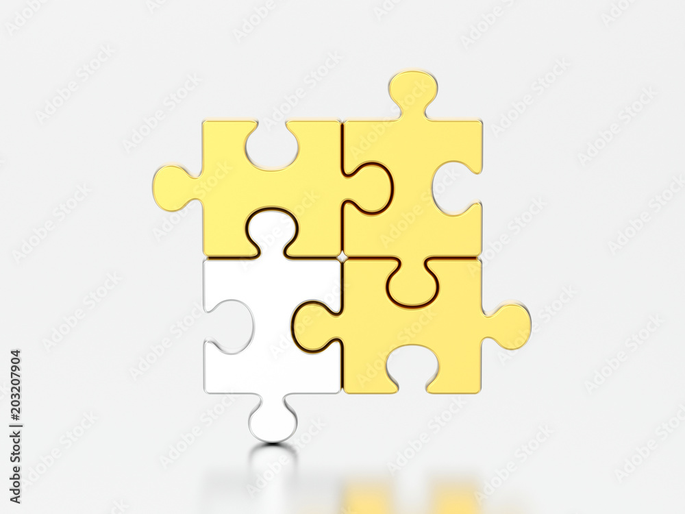 3D illustration group of gold and silver puzzles 3D illustration group of gold and silver puzzles